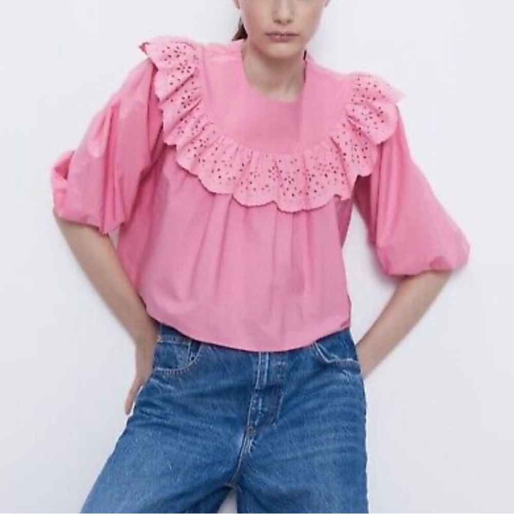 Zara pink ruffled poplin top 7521/002